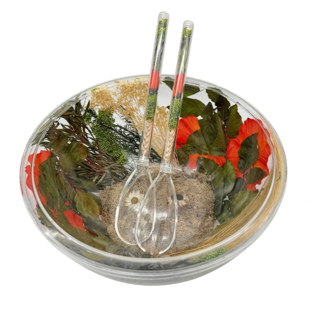 Creations Alpac Acrylic Salad Bowl Set Dried Flowers Poppies Wheat Servers 3pc
